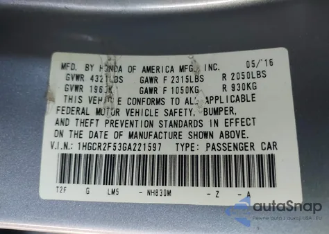 2016 Honda Accord Sport z USA, uszkodzony, nr VIN 1HGCR2F53GA221597